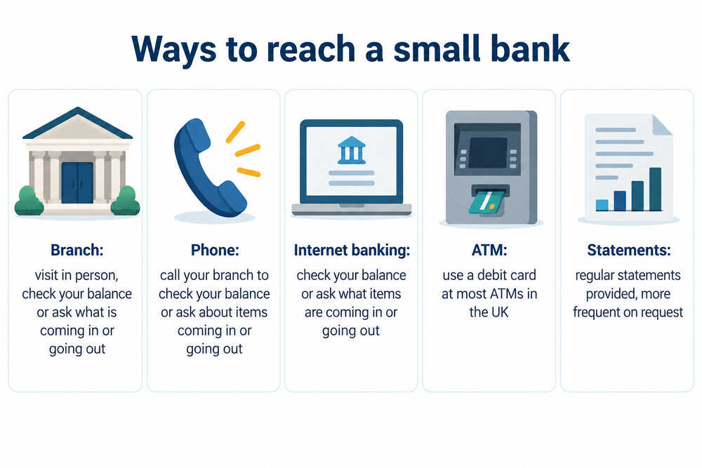 A phone, a laptop and a letter on a table, showing the three ways to reach a small bank