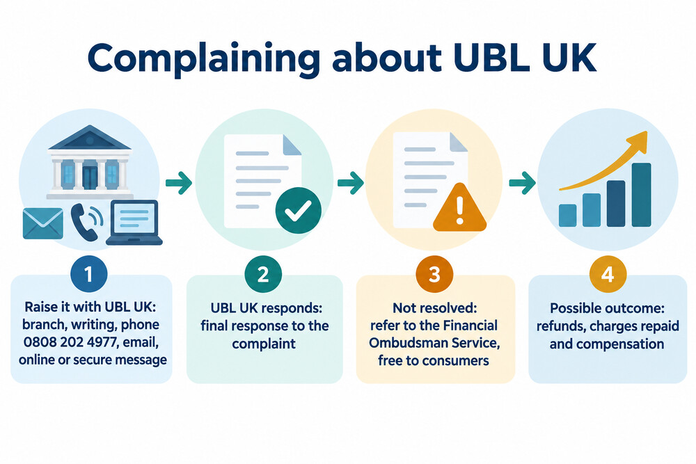 A diagram of the complaint route, from raising it with UBL UK to the Financial Ombudsman Service