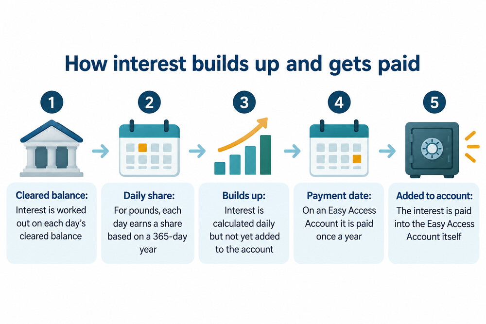 An illustration showing a balance accruing interest each day across a year, with one annual payment credited back into the account