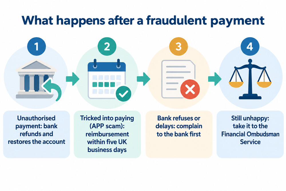 A diagram of the two routes after fraud: an unauthorised payment refunded by the bank, and an authorised push payment scam reimbursed under the five-day rule