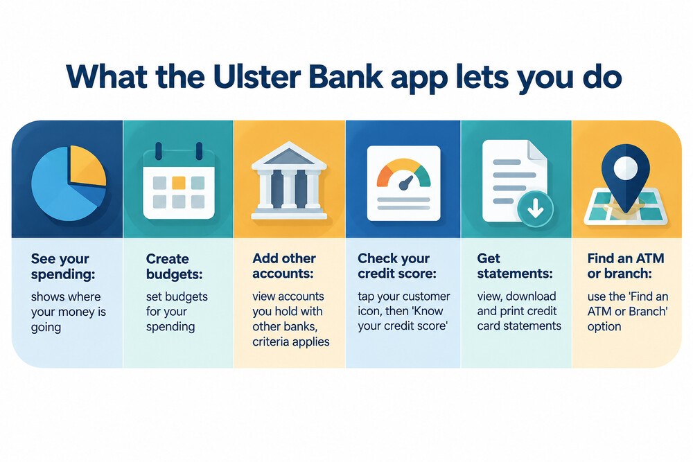 The Ulster Bank mobile app home screen showing account balances and payment options