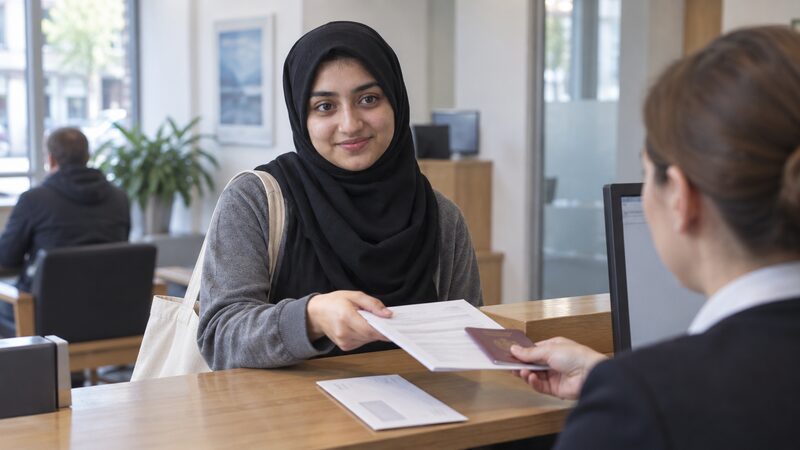 A customer completing a Union Bank of India UK account application form with identity documents