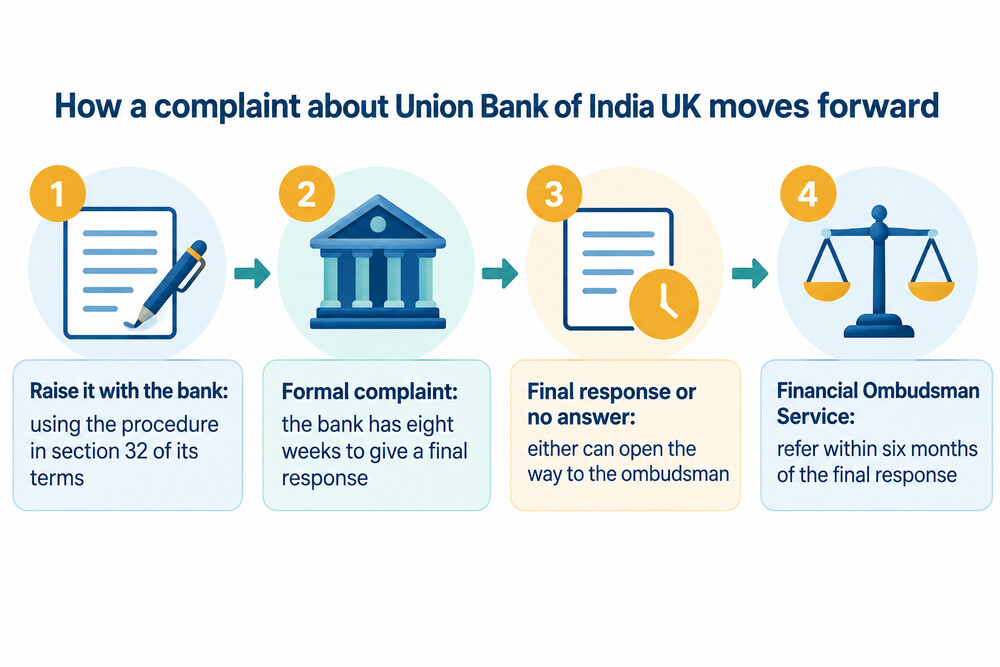 Steps for a complaint: raise with the bank, formal complaint, final response within eight weeks, then the Financial Ombudsman Service within six months