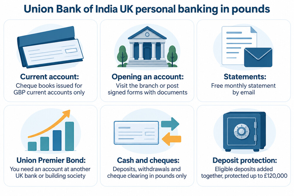 The range of personal accounts and services offered by Union Bank of India UK, shown as a simple product overview