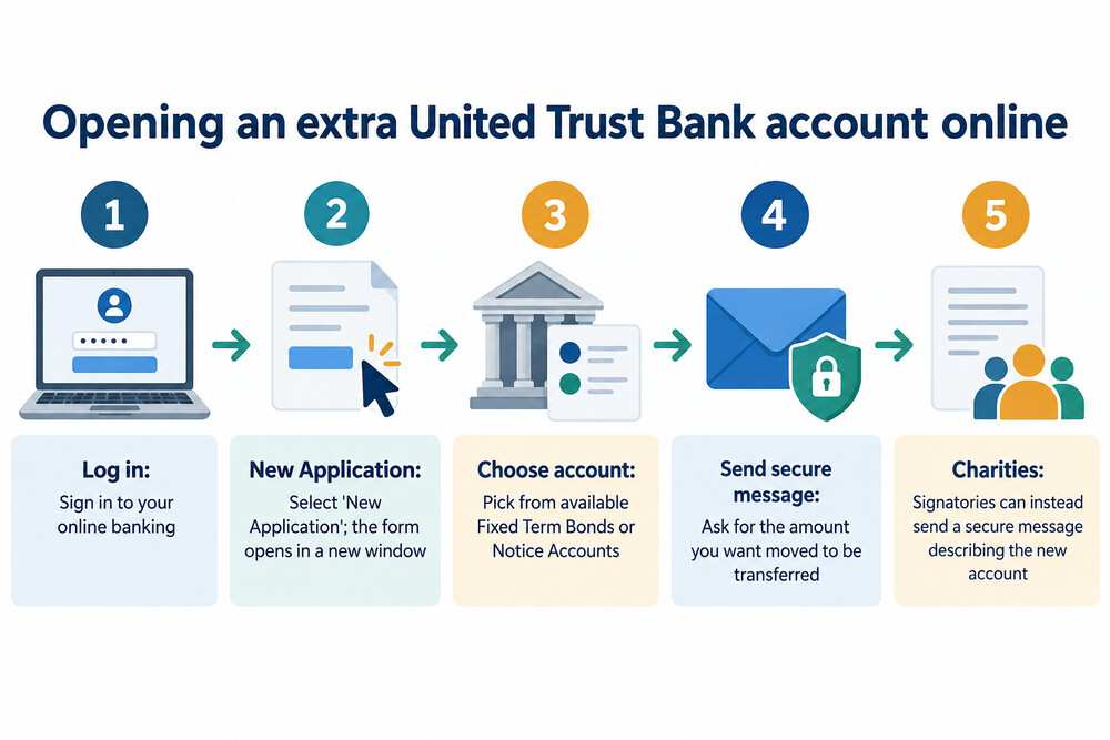A saver using United Trust Bank's online banking portal on a laptop