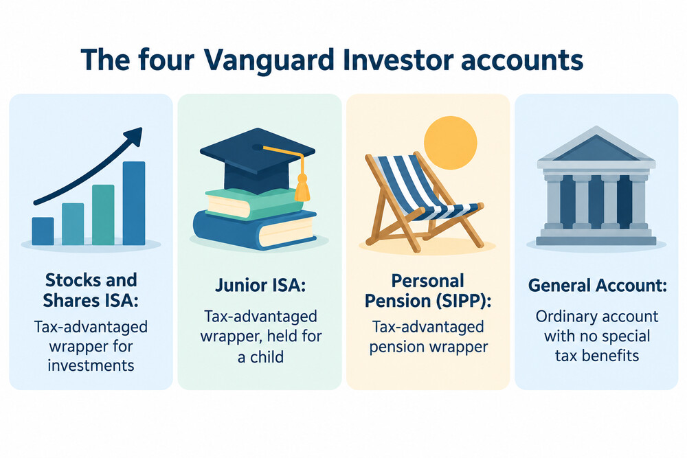Illustration showing the four Vanguard Investor account types side by side, with the tax treatment of each