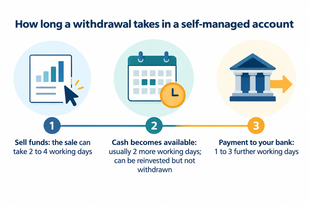 Withdrawing from Vanguard: selling funds, cash becoming available, then payment to the bank