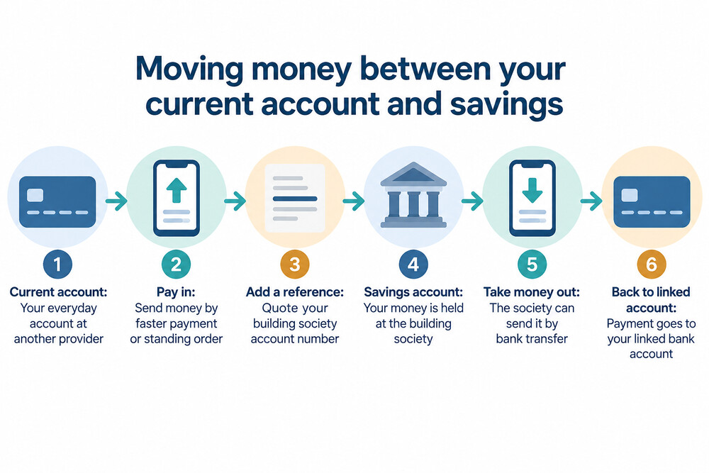 A diagram of a savings account linked to a UK current account for electronic payments