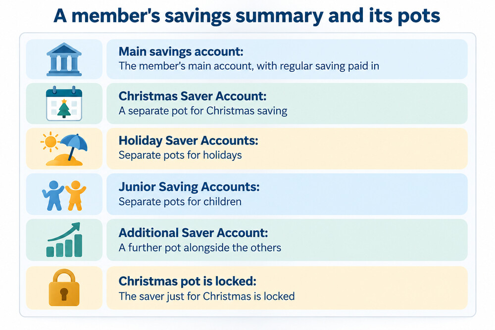 A member's passbook-style savings summary showing a regular saver alongside Christmas and holiday pots