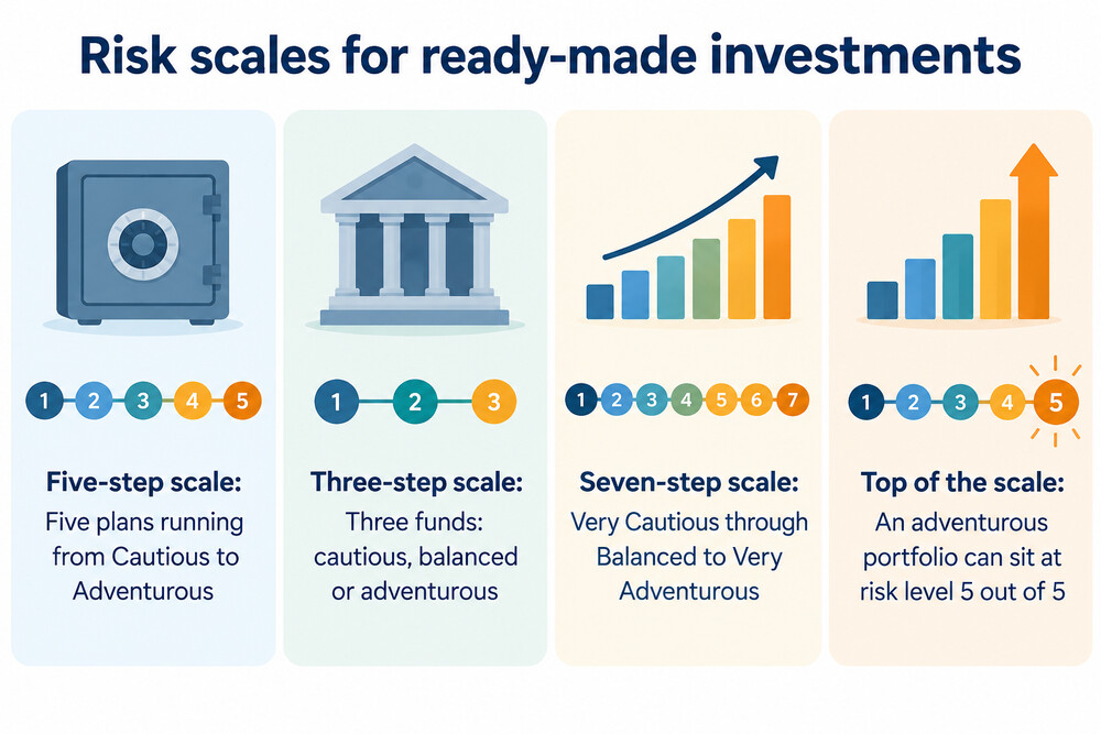 A visual scale showing five investment styles from cautious to adventurous, with lower risk and lower potential return at one end and higher risk and higher potential return at the other
