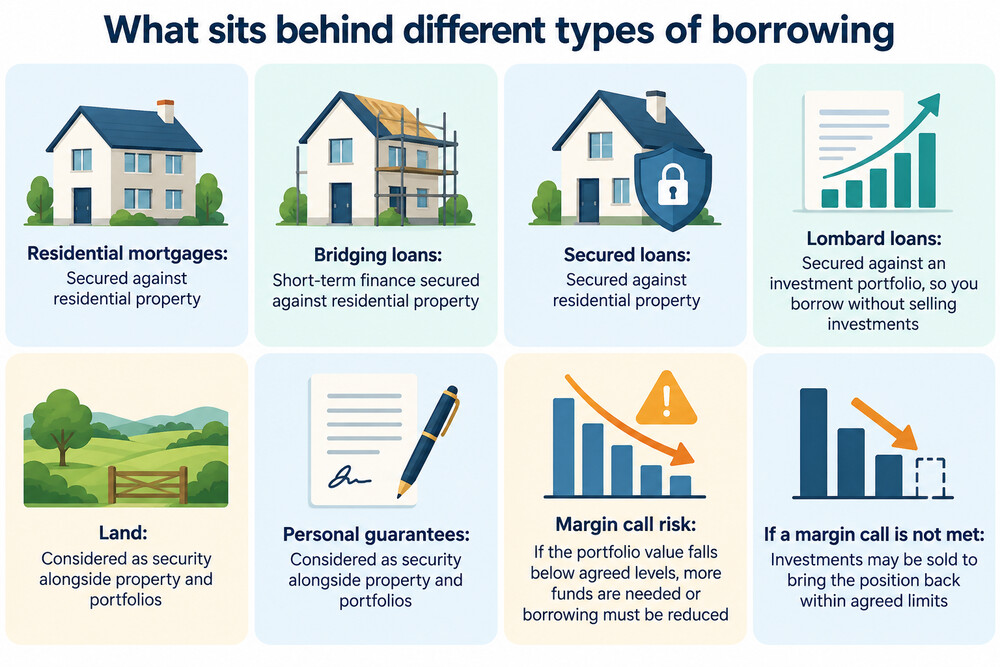 A table-style comparison of what Weatherbys accepts as security against different types of borrowing
