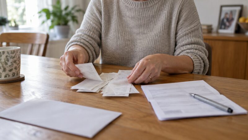 A claim form and receipts laid out on a table