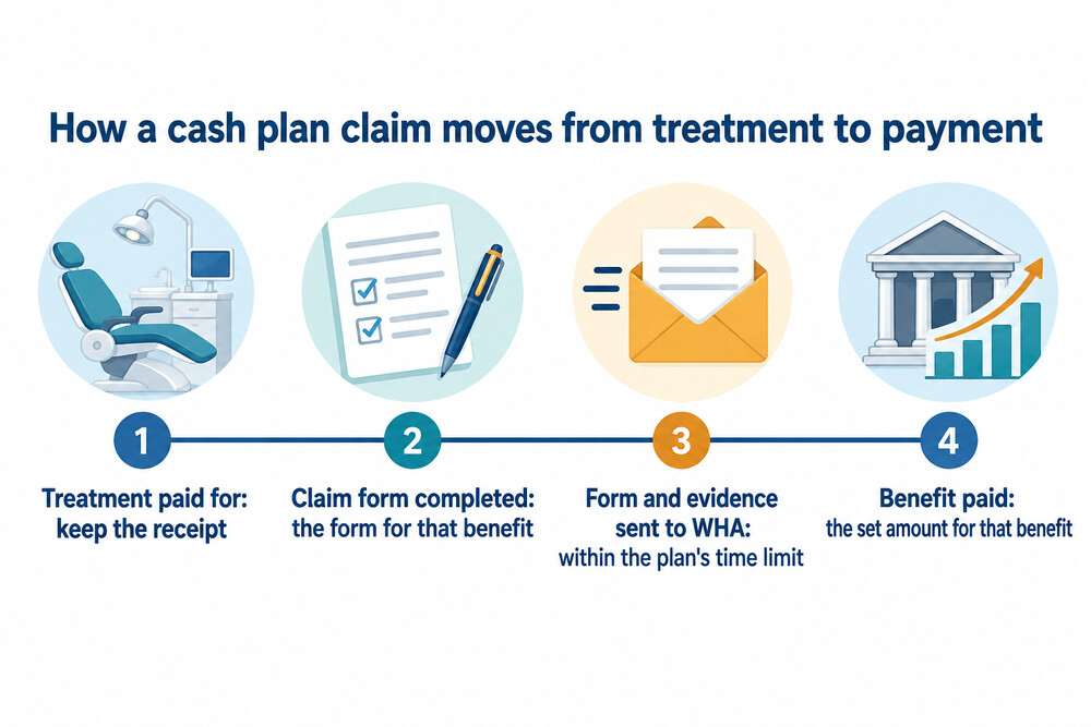 A timeline showing a cash plan claim from treatment to payment