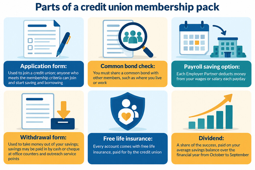 A membership application form and a share withdrawal form from a credit union, laid out on a table