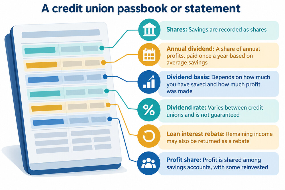 A credit union passbook or statement showing shares and an annual dividend entry