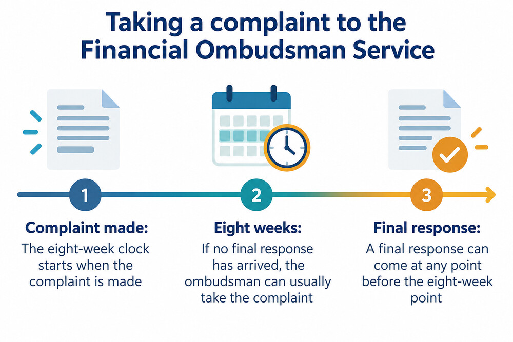 A complaint timeline showing the eight-week point at which a complaint can go to the Financial Ombudsman Service