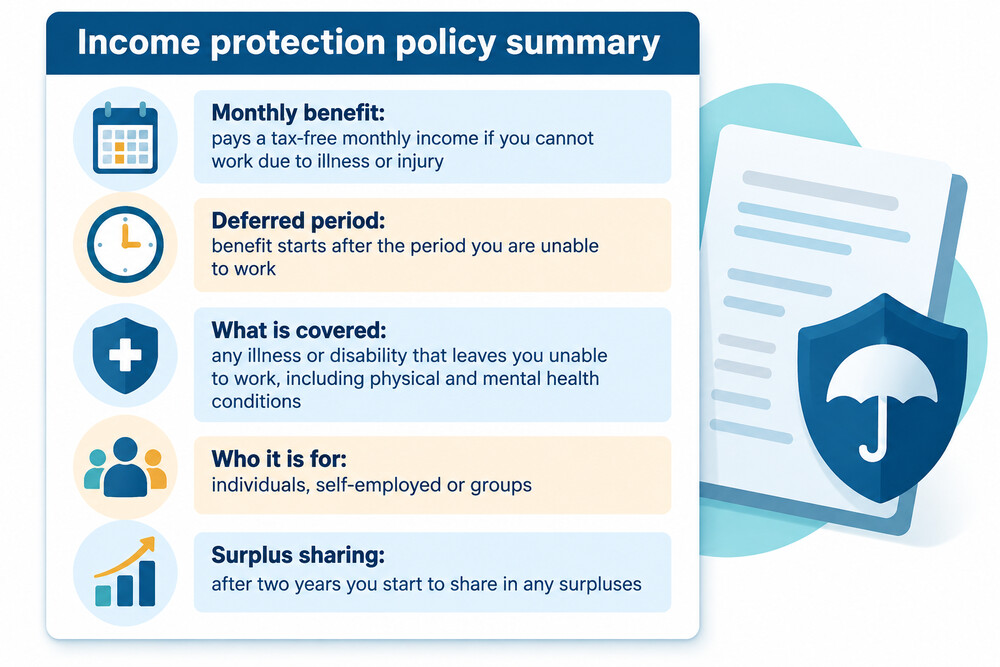 A one-page summary of an income protection policy showing the monthly benefit, the deferred period and the exclusions