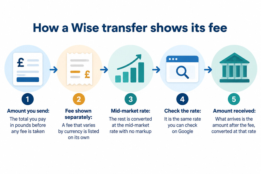 A Wise transfer summary screen showing the amount, the exchange rate and the itemised fees before confirming