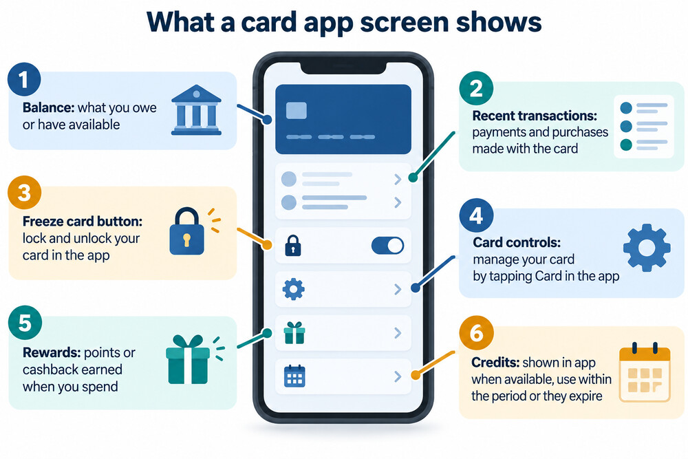 A phone screen showing a card app with balance, recent transactions and a freeze card button