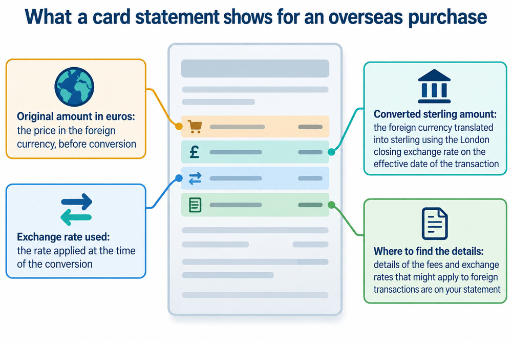 A card statement showing a purchase in euros converted to sterling, with the exchange rate and any fee shown separately