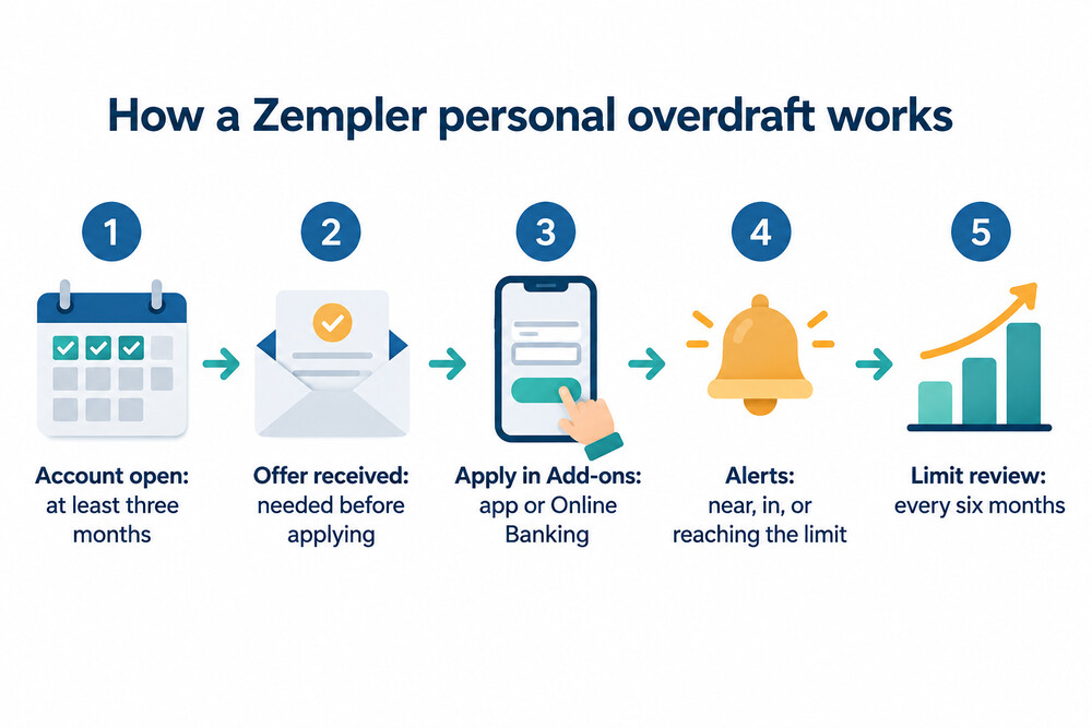 Flow showing how a Zempler overdraft is offered, applied for and reviewed