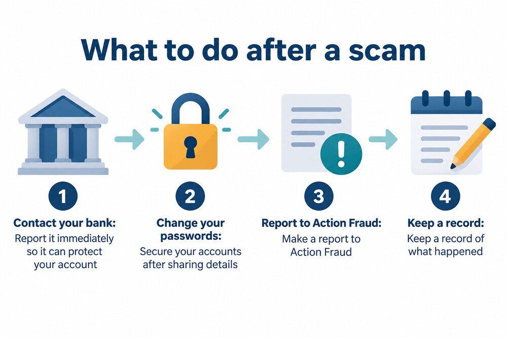 A short checklist of steps after a scam: call the bank, change passwords, report to Action Fraud, keep a record