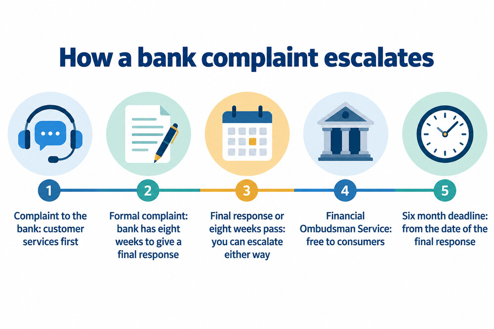 A timeline showing a complaint from first contact to the bank, through the eight week final response window, to the six month deadline for the ombudsman