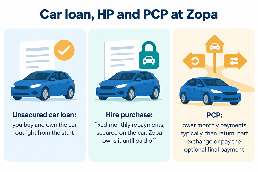 Three routes to paying for a car compared, showing who owns the car at each stage