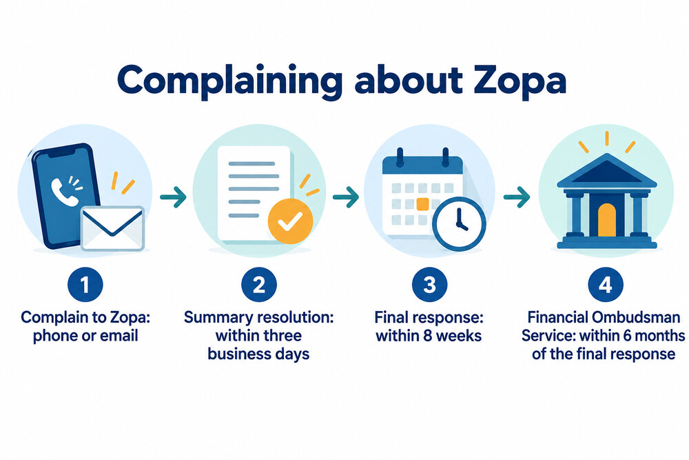 The route of a complaint from Zopa to the Financial Ombudsman Service, with each deadline