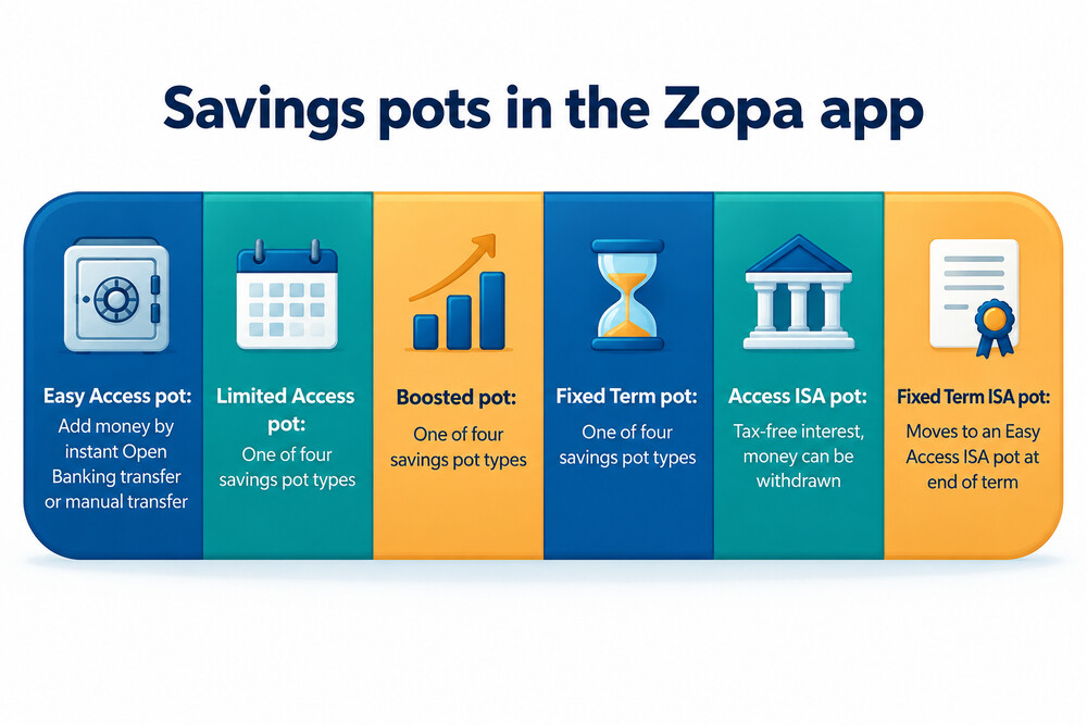 The Zopa app showing savings pots, including easy access and fixed term pots