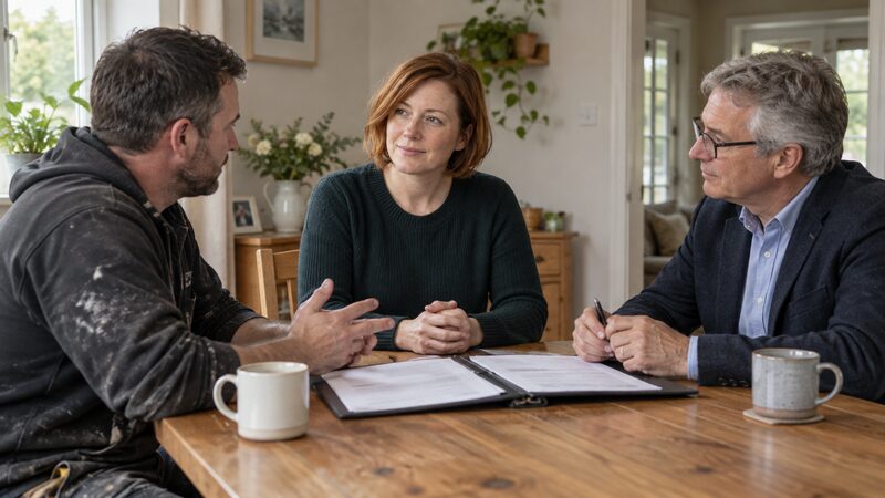Three people sit at a dining table with documents, a builder and an adjudicator facing a woman at home.