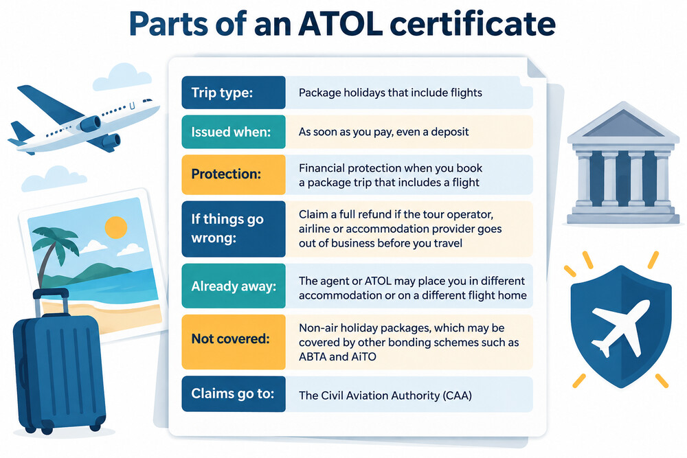 An ATOL certificate showing the sections that set out what is protected