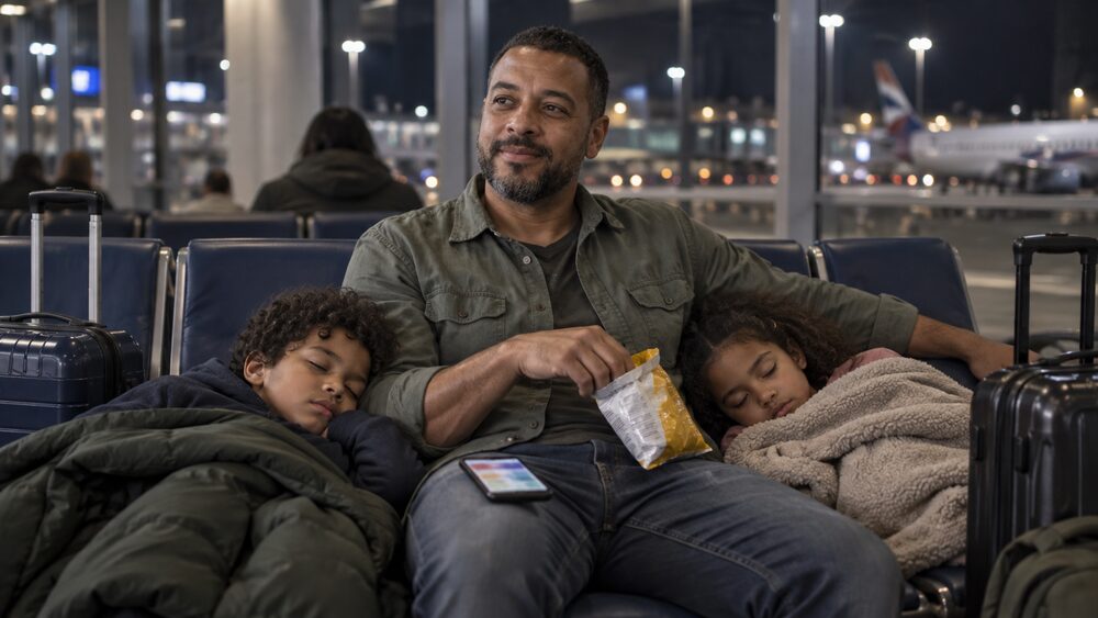 A man sits in an airport lounge at night with two children asleep beside him.