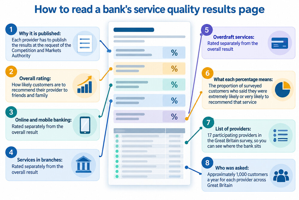 An example of a bank's published service quality results page, showing scores for overall service, online and mobile banking, branches and overdrafts