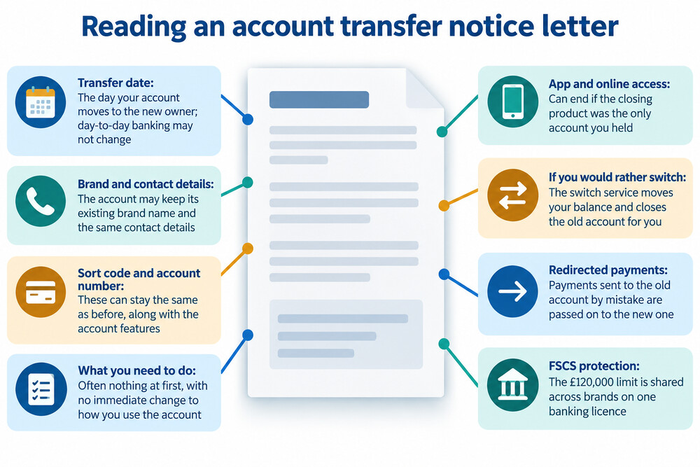 A letter from a bank explaining that an account is being transferred to a new owner
