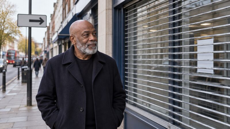 An older man stands on a high street outside a bank branch with shuttered windows and a blank notice.