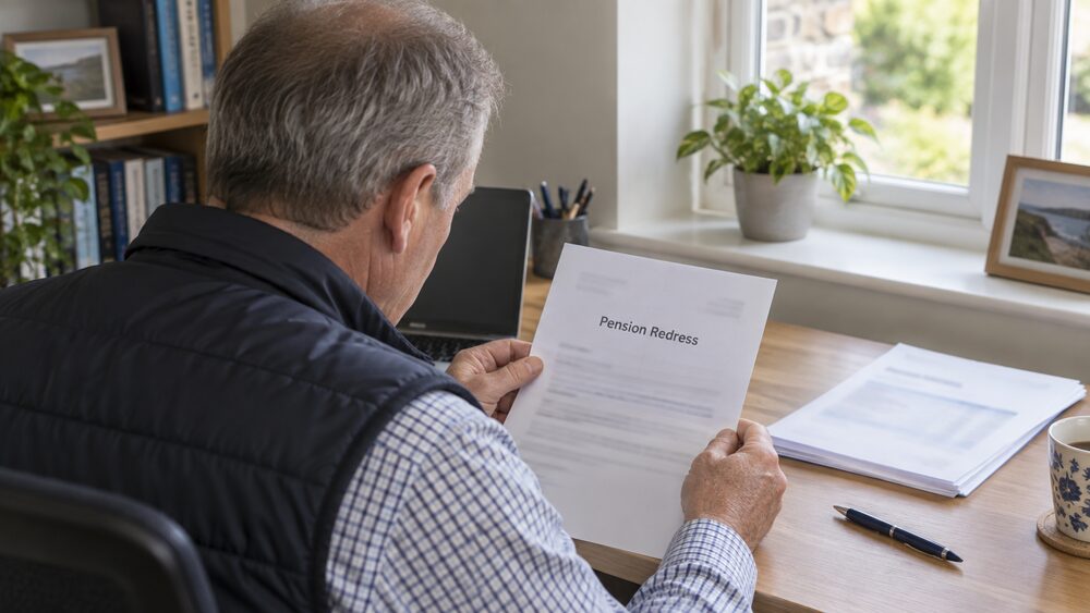 A man in a work jacket sits on a bench outside an advice centre with a hard hat and a pension letter.