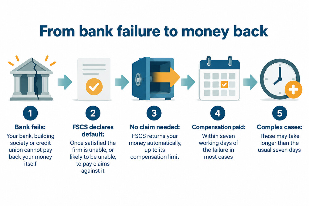 A timeline showing the days after a bank failure, from the firm being declared in default to automatic compensation arriving within seven working days