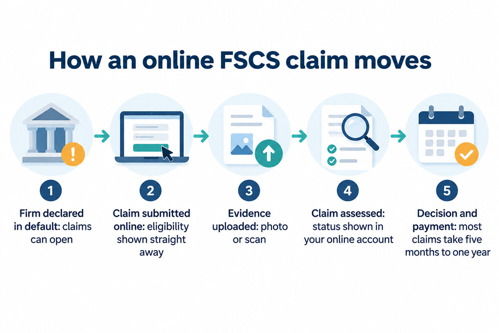 A diagram of the steps in an online FSCS claim, from checking the firm to payment