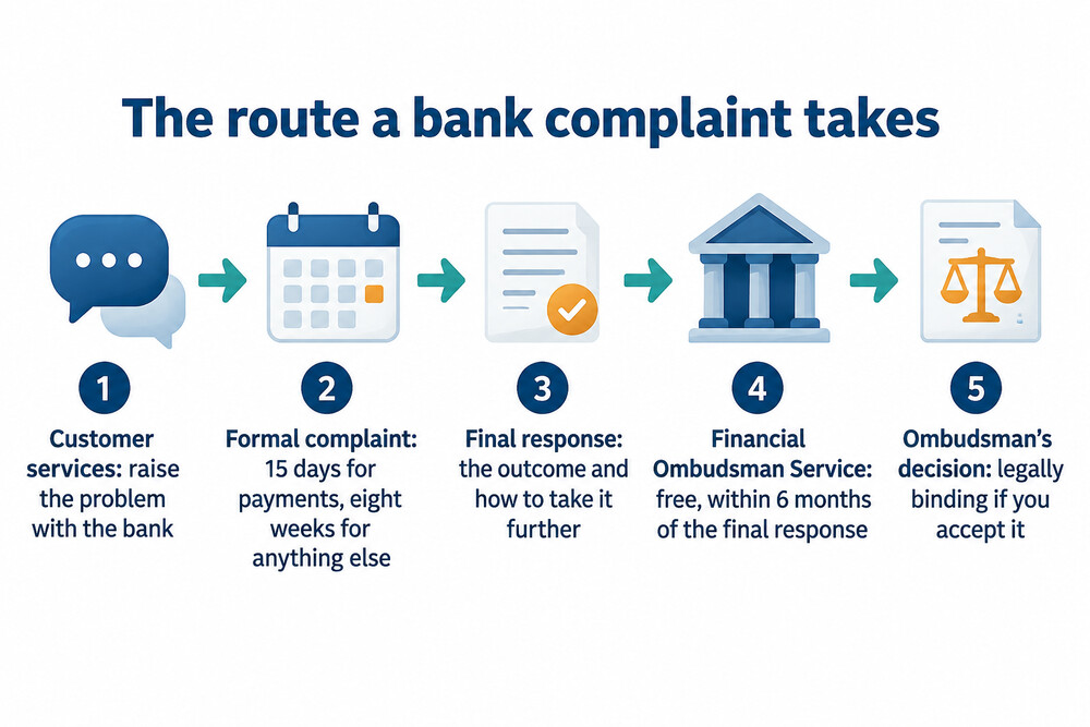 A flow chart showing a complaint moving from the bank's customer services to a formal complaint, a final response and then the Financial Ombudsman Service