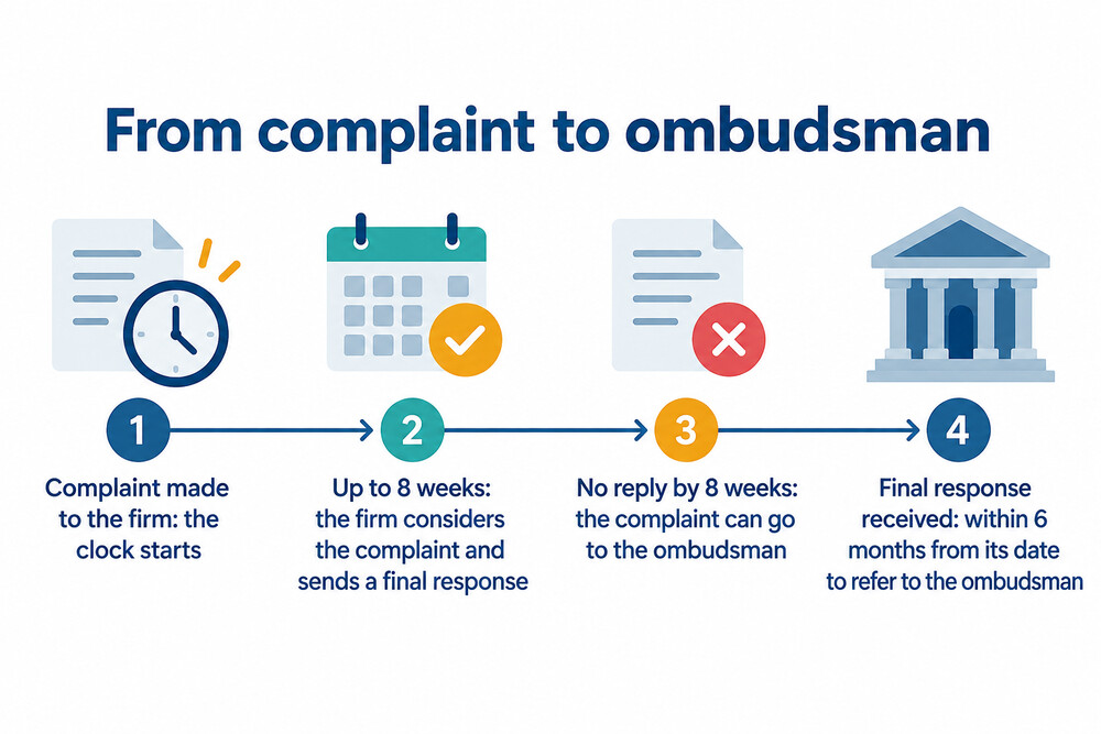 A timeline showing a complaint made to a firm, eight weeks for a final response, then six months to refer it to the ombudsman