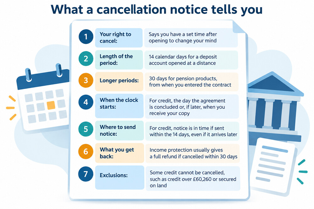 A letter from a financial firm setting out the customer's cancellation rights, period length and where to send notice