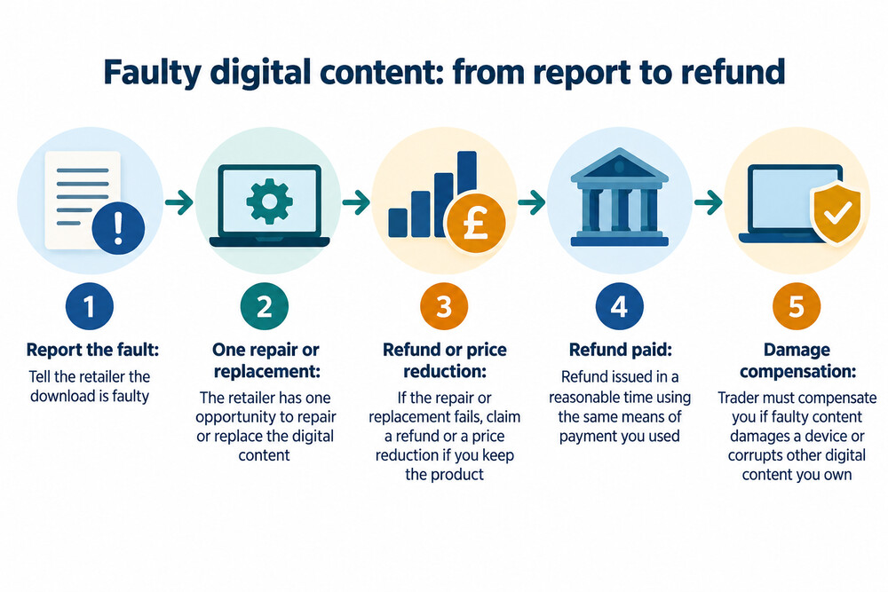 A simple flow showing the steps from reporting a fault to getting a refund