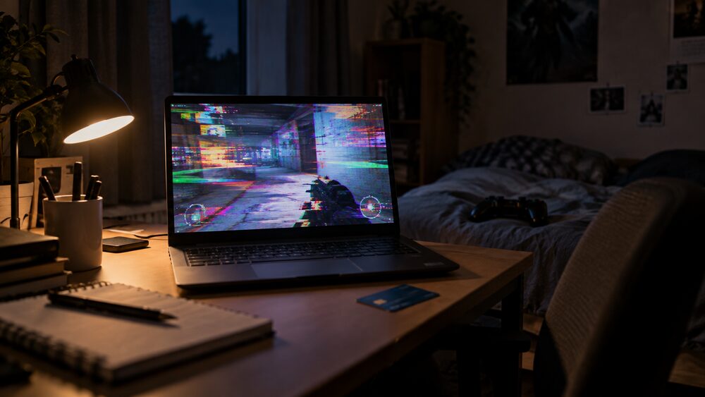 A laptop showing a frozen game screen sits on a desk beside a debit card and controller.