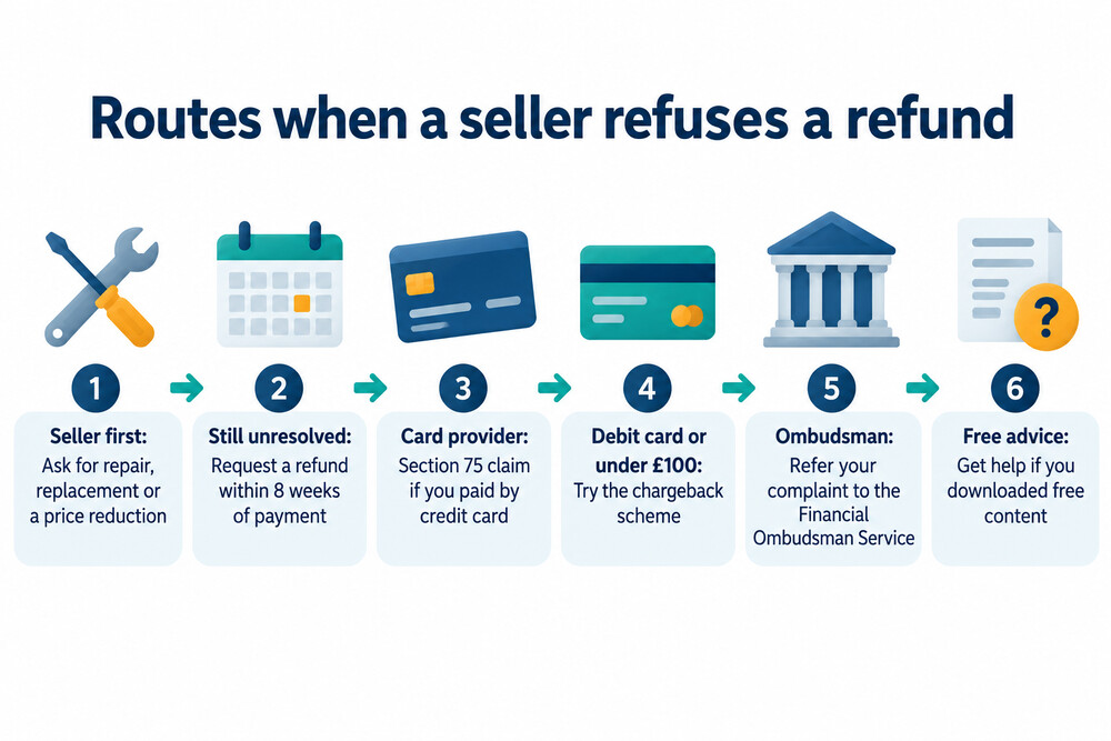 A comparison of the routes open to a buyer when a seller refuses a refund