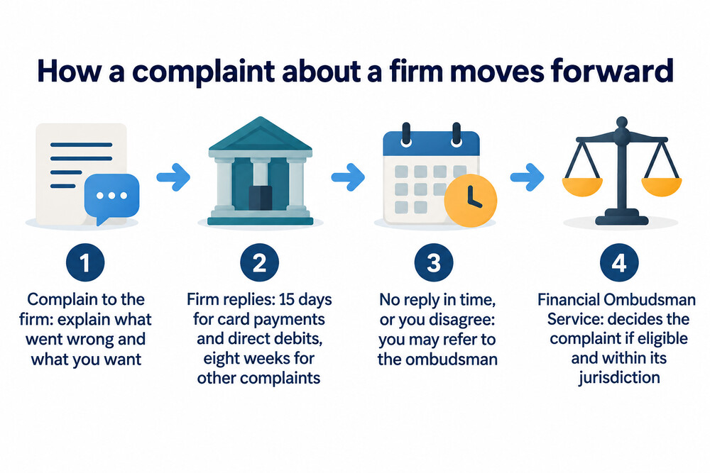 A flow showing a complaint moving from the firm to the Financial Ombudsman Service