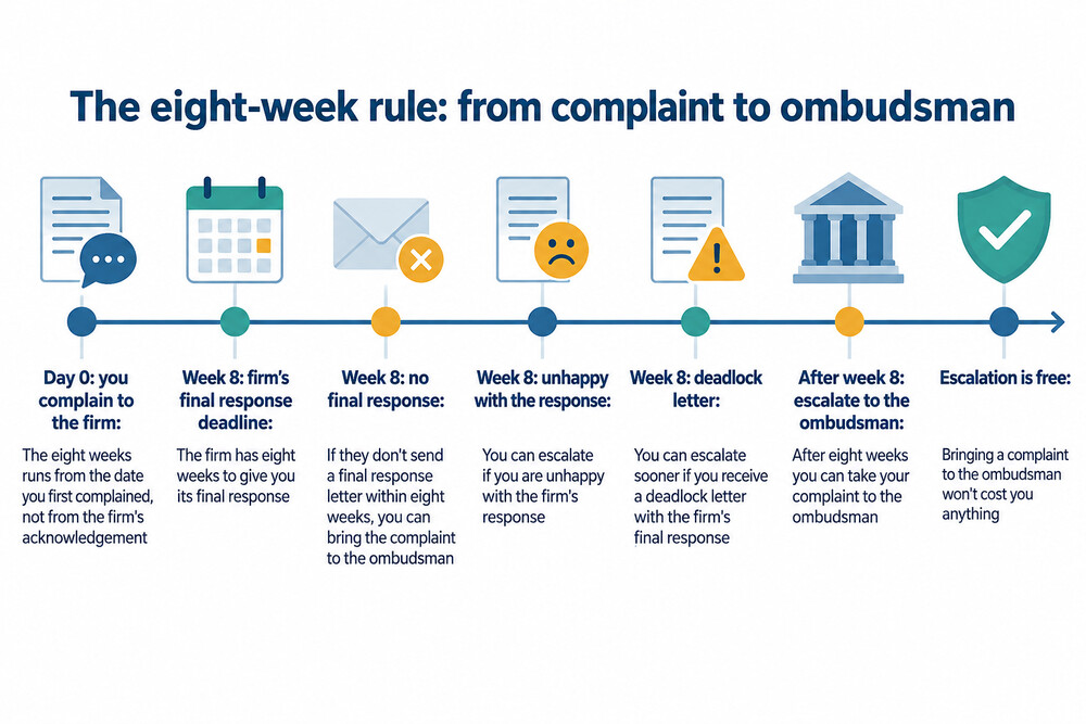 A calendar page with eight weeks marked from the date a complaint was sent