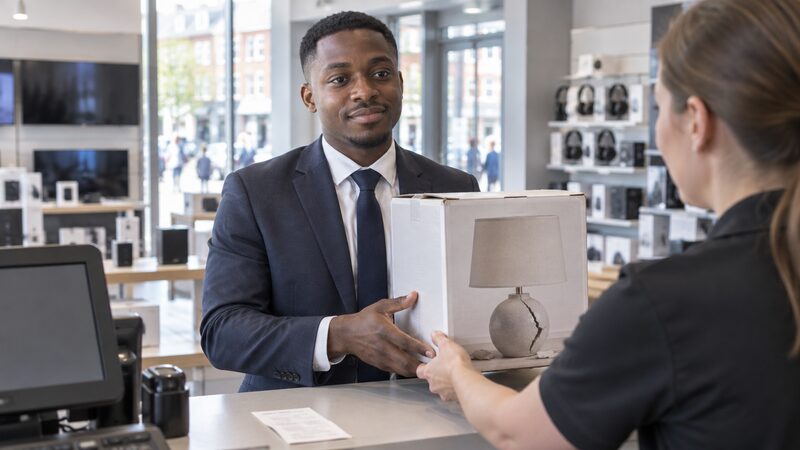 A man stands at a shop returns counter holding a boxed lamp with a cracked base as staff reach for it.