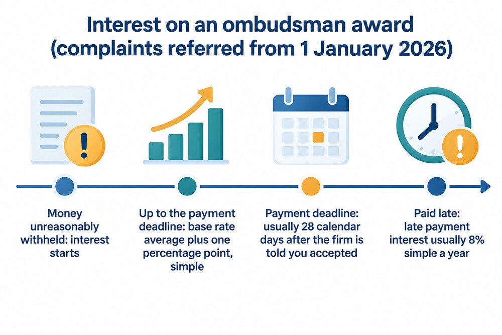 How interest on an ombudsman award is calculated before and after the payment deadline