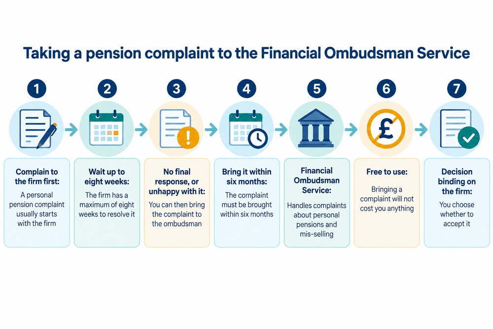 A simple diagram showing a pension complaint moving from the firm to the Financial Ombudsman Service